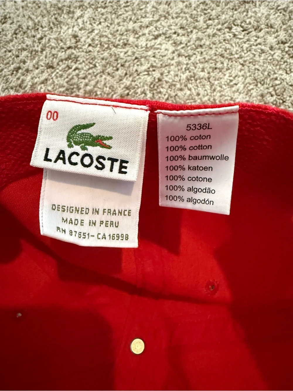 Lacoste Red Cotton Cap with Green Crocodile Tag